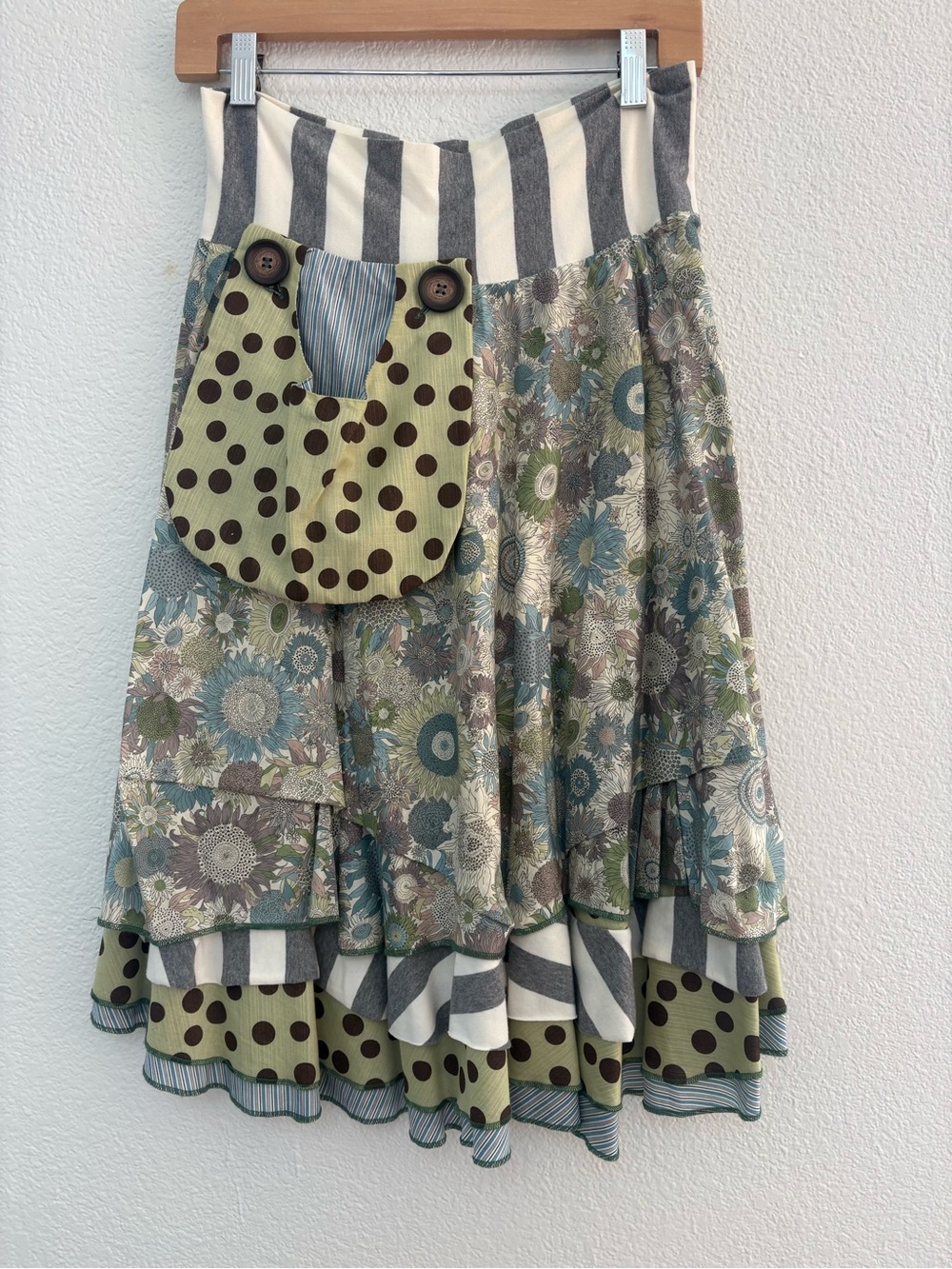 Boho Asymmetrical Floral Patchwork Skirt in Green and Blue